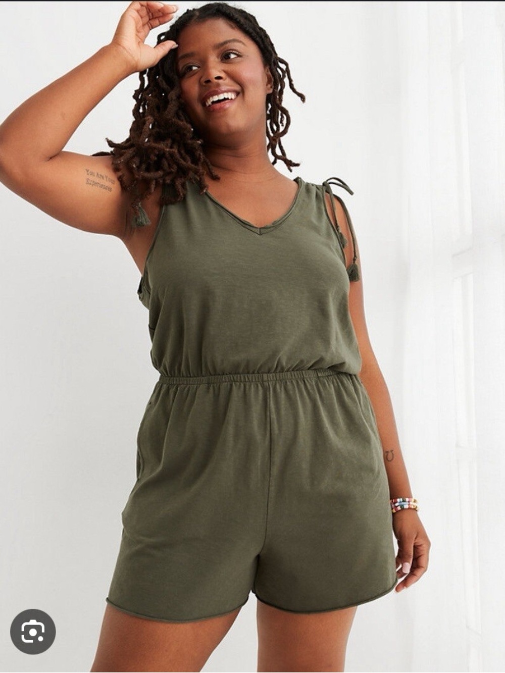 Aerie Pleated Romper Olive Green size Medium - Picture 4 of 16